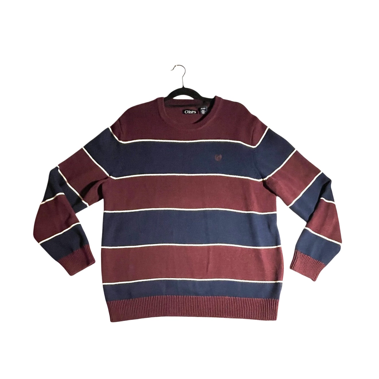 Chaps Men’s Sweater -Xl- Thick Knit Crewneck Maroon/Navy/White Stripe Ribbed-Euc